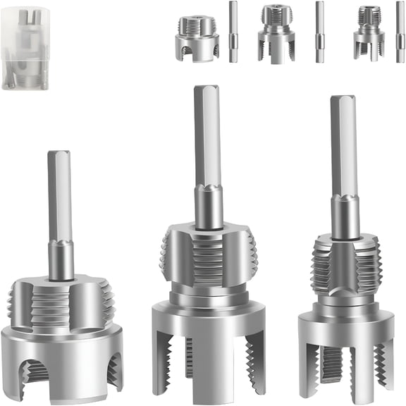 CURYMAY 3-Piece Carbon Steel Pipe Threading Tool, Integrated Internal & External Thread Cutter for 1/2" 3/4" 1" PVC/Plastic Pipes, Electric Drill Compatible Threader Kit