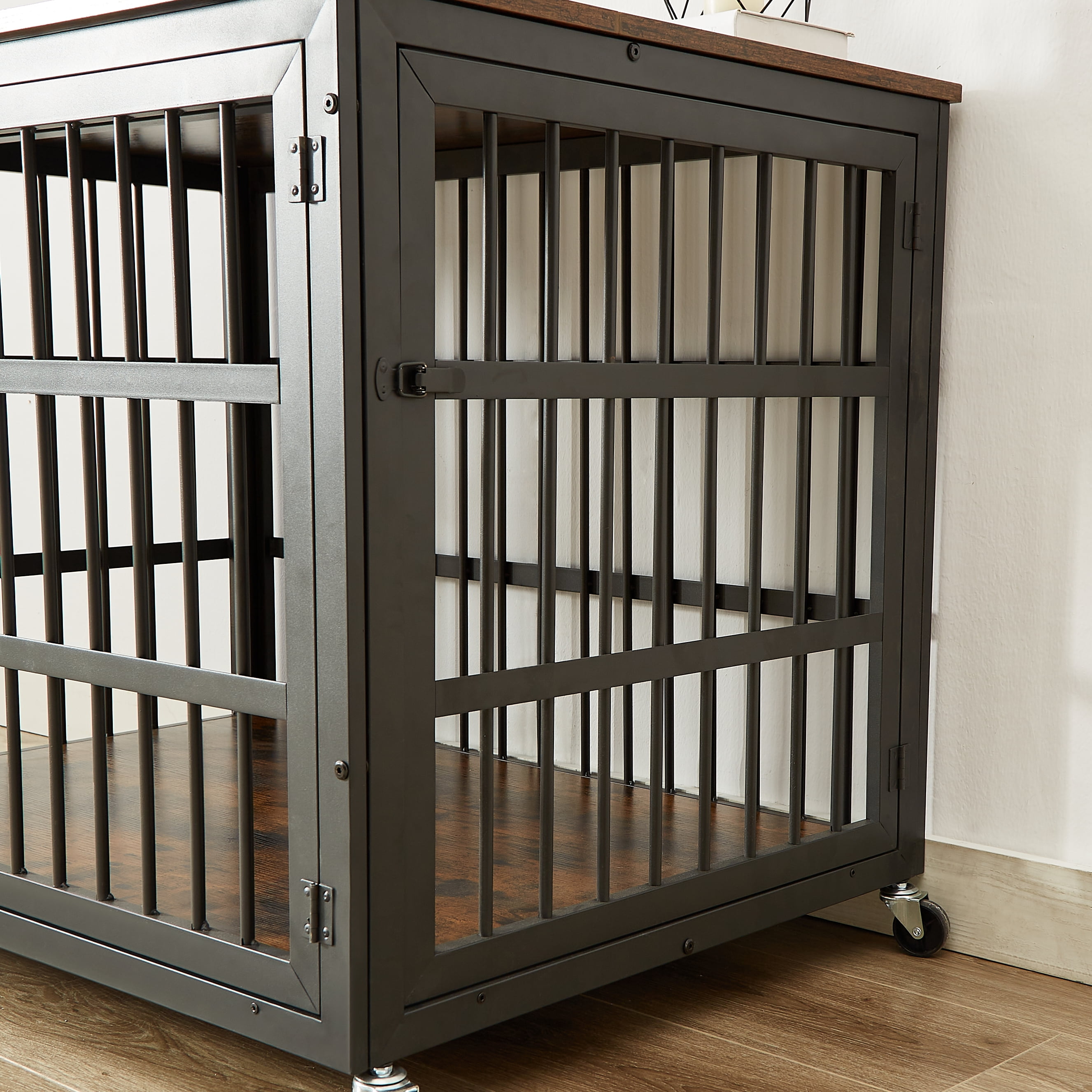 Pefilos 38" Heavy Duty Dog Crate, Furniture Style Dog Cage with Wheels, Dog House Wrought Iron Frame Door with Side Openings, Brown Pefilos 38" Heavy Duty Dog Crate, Furniture Style Dog Cage with Wheels, Dog House Wrought Iron Frame Door with Side Openings, Brown