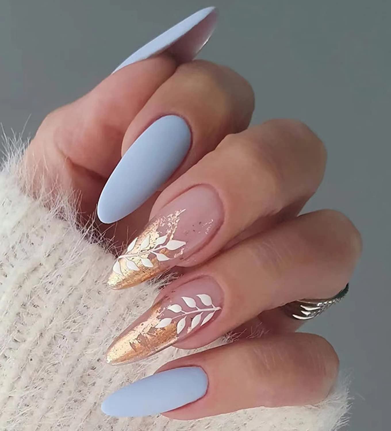 24Pcs Matte Almond Press on Nails Medium Length Blue Fake Nails Mixed Pink Gold Stick on Nails with White Leaf Design Acrylic Full Cover Stiletto False Nails for Women (Blue Gold Leaf 24Pcs Matte Almond Press on Nails Medium Length Blue Fake Nails Mixed Pink Gold Stick on Nails with White Leaf Design Acrylic Full Cover Stiletto False Nails for Women (Blue Gold Leaf