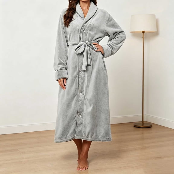 WIZUTIZ Women's Thick Coral Fleece Absorbent Belted Hooded Bathrobe Winter Cozy Loungewear Robe Long Sleeve Sleepwear with Pockets