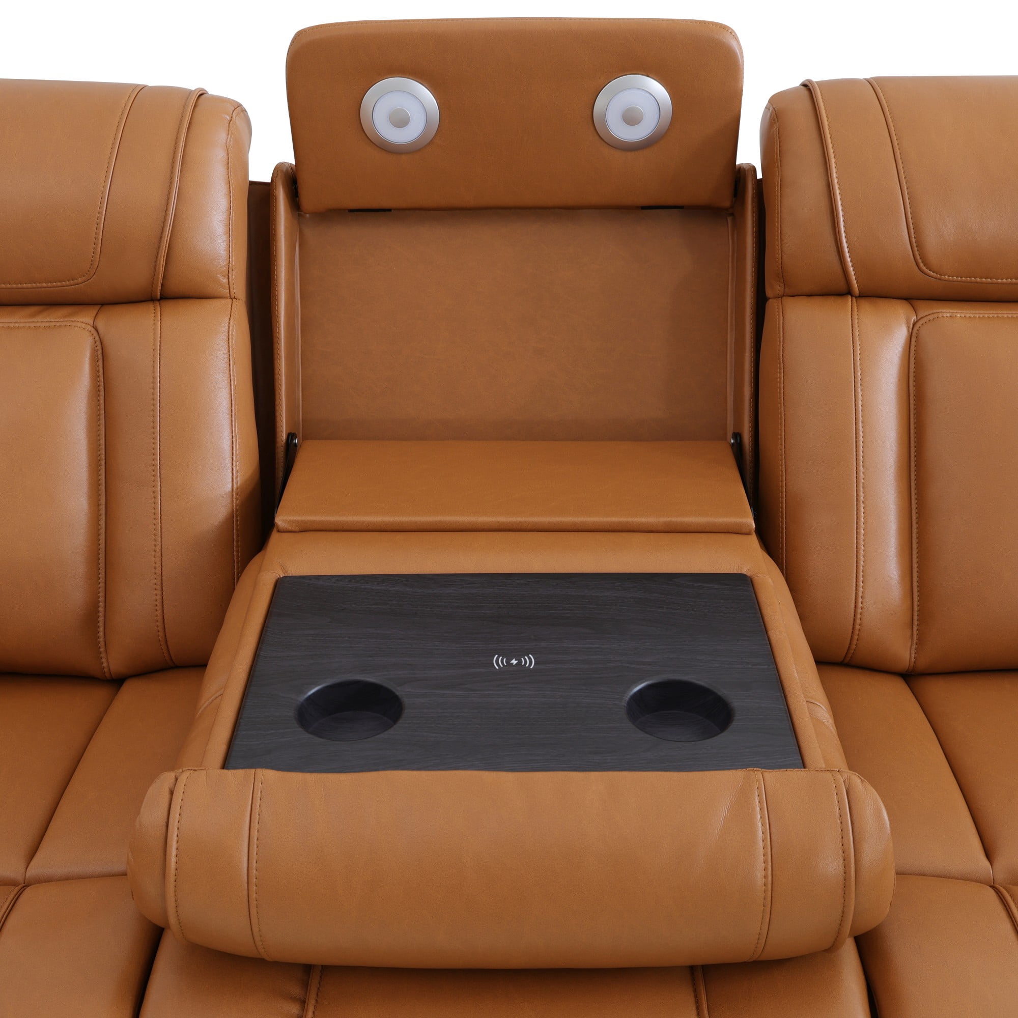 Gewnee 3‑Seater Power Recliner Sofa, Air Leather, USB & Type‑C Wireless Charging, Armrest Storage, Flip‑Up Tea Table, LED Light, Home Theater Seating for Living Room，Orange Yellow
