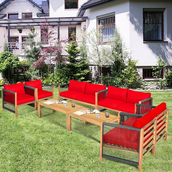 Costway 8 PCS Acacia Wood Patio Conversation Set w/Cushions for Garden Red