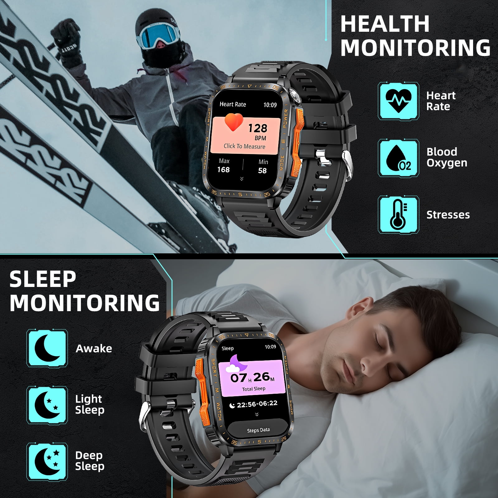 Cyberdyer Men's Smart Watch with LED Flashlight & UV Light, 1.96" HD Screen, 100+ Sports Modes, 3ATM Waterproof, 15-Day Standby, Compatible with iPhone & Android, Holiday Gift