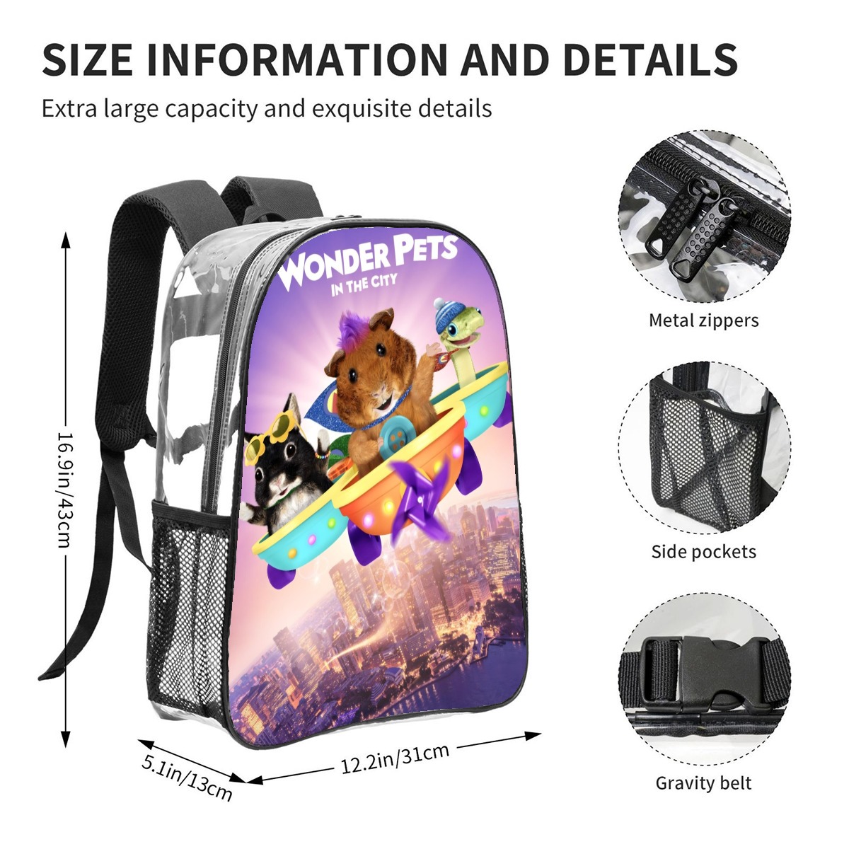 The Wonder Pets!-theme Clear Backpack Heavy Duty Transparent Bag See Through Bookbag for Work, Sport, College, Travel12.2“X16.9"(31X43cm)
