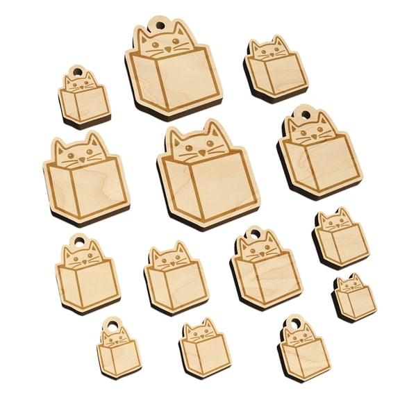 Cat in Box Wood Mini Charms Shapes DIY Craft Jewelry - With Hole - Various Sizes (16pcs)