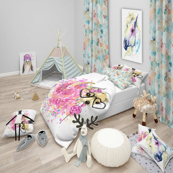 Designart 'Cute Dog with Crown and Glasses' Modern & Contemporary Duvet Cover Set