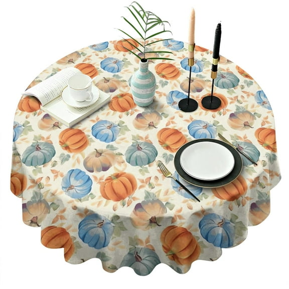 Fall Pumpkins Leaves Pattern Round Tablecloth 60" X 60",Wrinkle Wipeable Table Cloth for Kitchen Dining Room Picnic Patio Party
