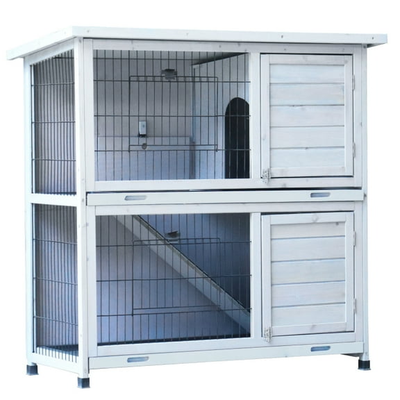 Outdoor Rabbit Hutch Cage 2-Story Bunny House w/ Removable Trays, Ramp, Waterproof Roof