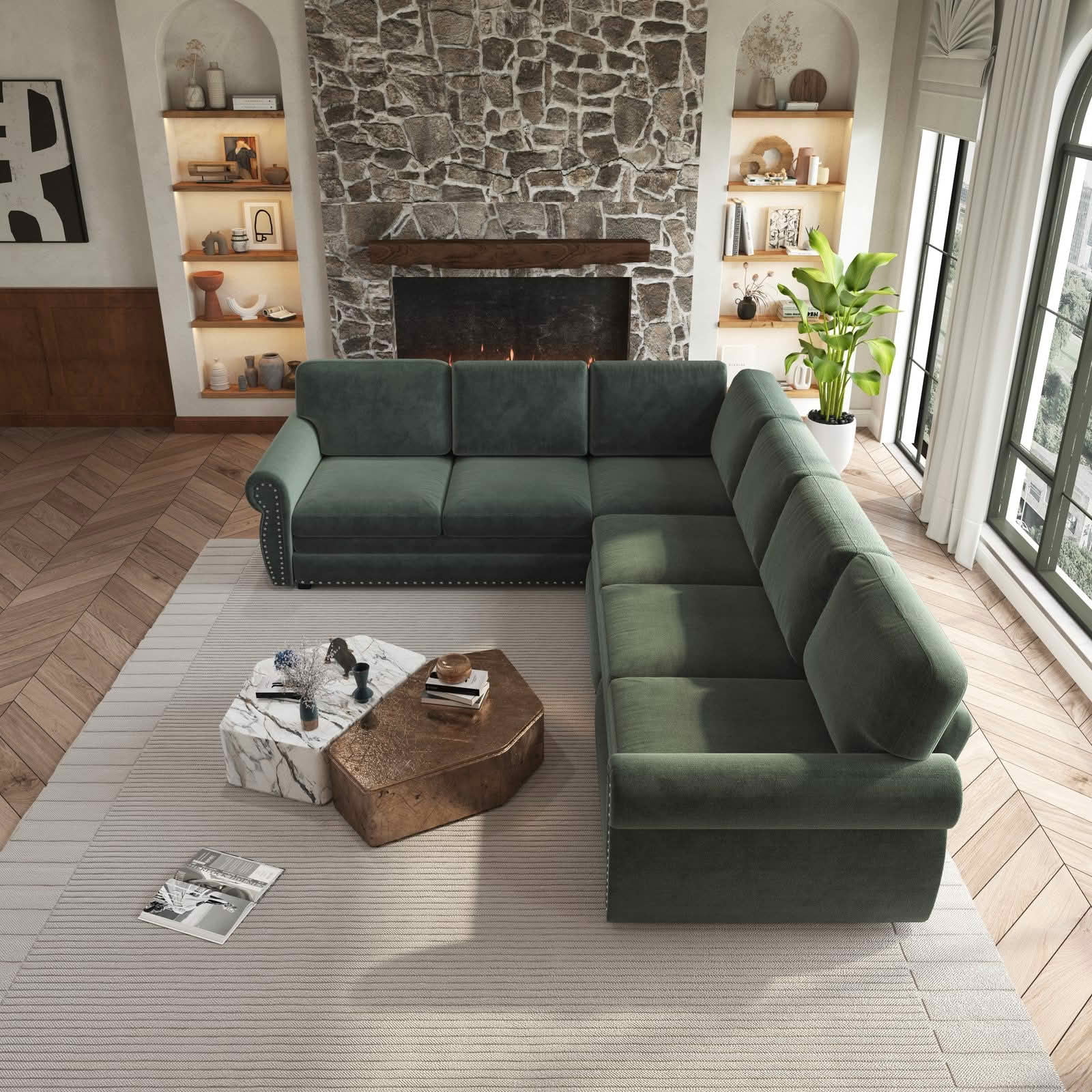 MAYEERTY 118" L‑Shaped Convertible Pull‑Out Sofa Bed, Chenille Sectional Couch with Nailhead Trim & Rolled Arms, Oversized Multifunctional Sleeper Sofa