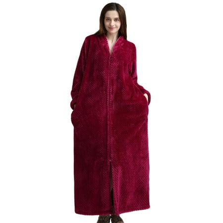 

Long Zipper Bathrobe for Womens Flannel Fleece Robes Winter Warm Housecoat Nightgown Sleepwear Pajamas