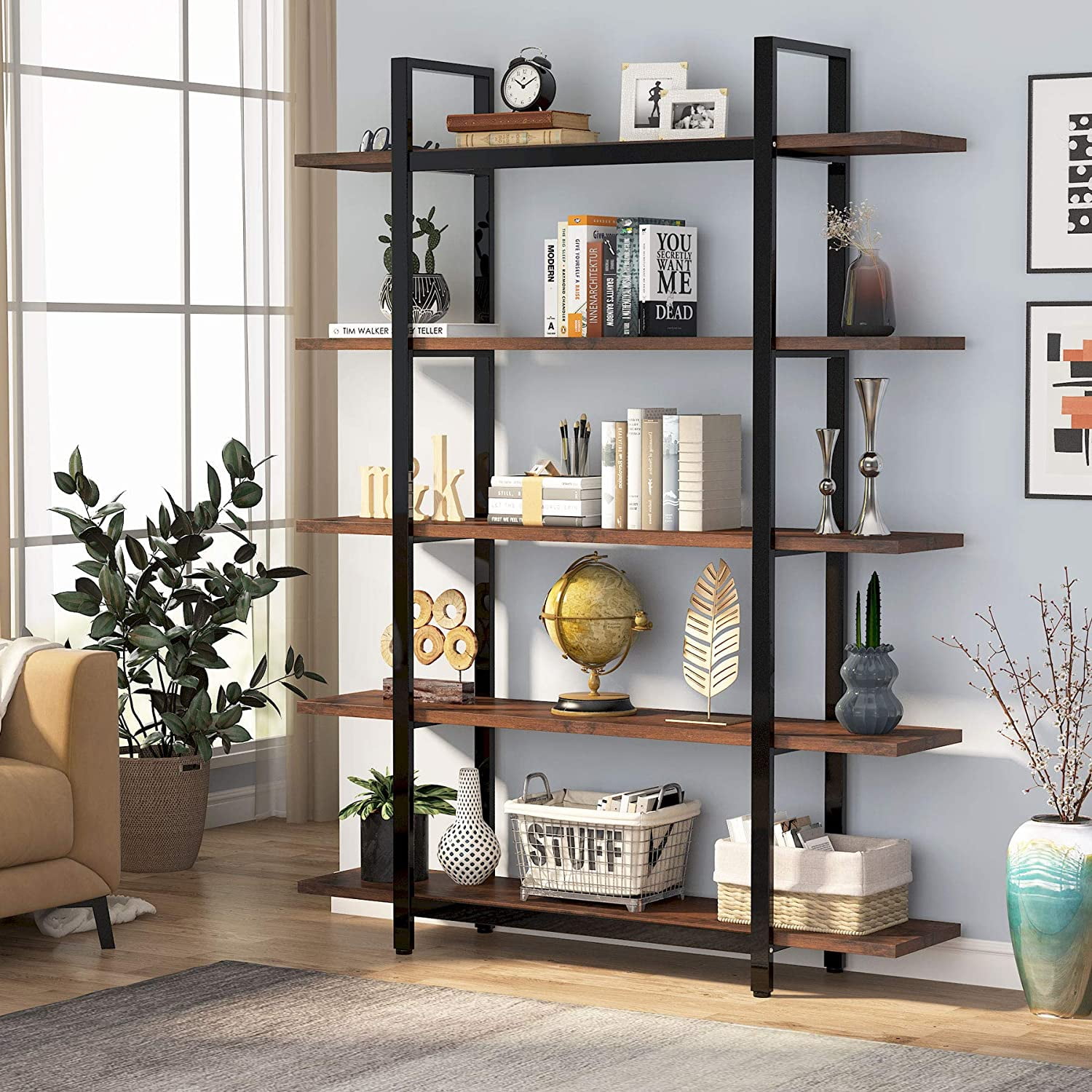 Tribesigns 6-Tier Large Open Bookshelf, Industrial Etagere Bookcase Storage Display Shelves for Home and Office, Vintage Organizer Shelving Unit with Wood Grain