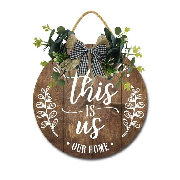 This Is Us Front Door Sign Funny Wreaths Hanging Wooden Plaque Decoration Round Rustic Wood Farmhouse Porch Decor for Home Front Door Decor, 11 x 11 Inch