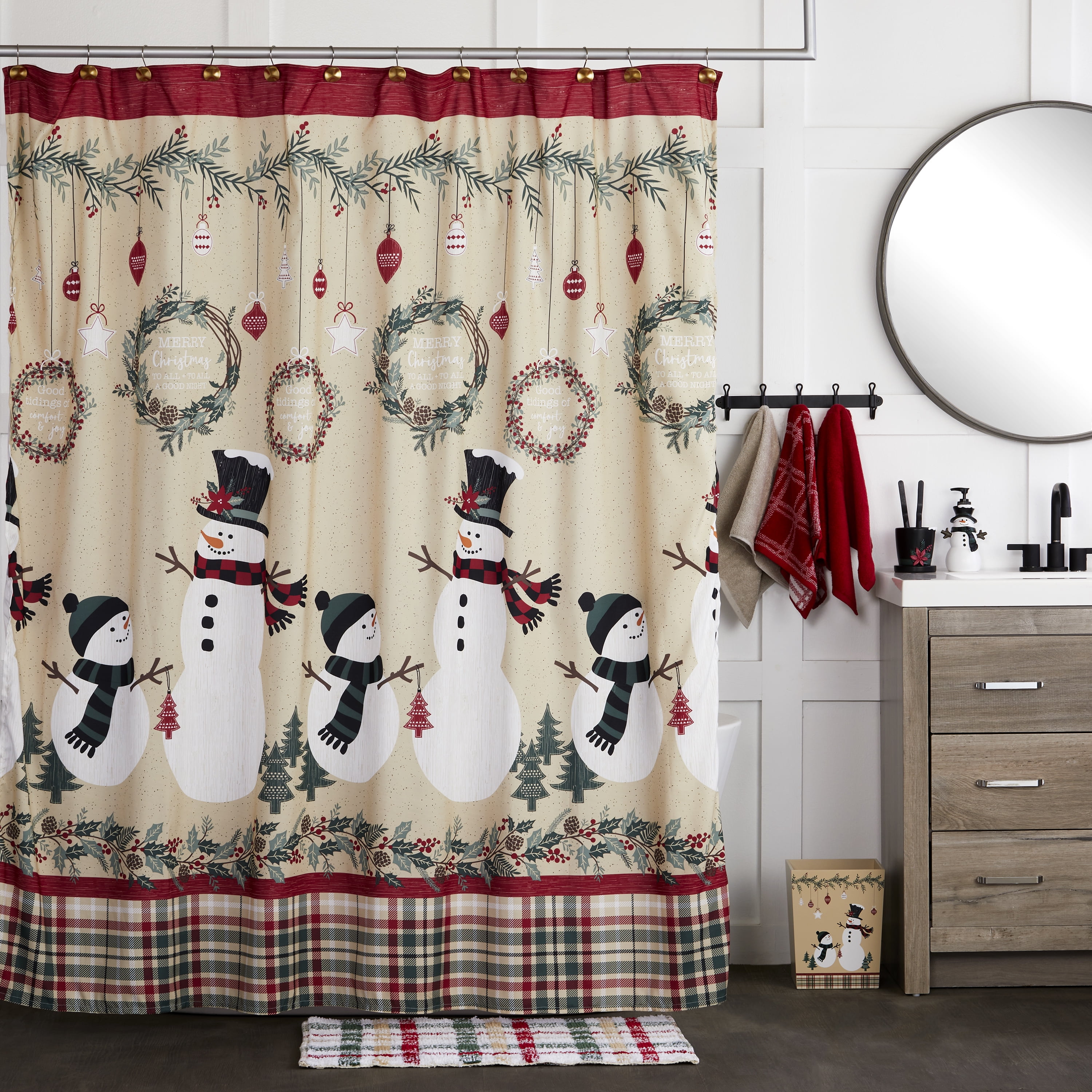 Avanti Linens Country Snowman Pip Berries Hearts Trees Fabric Shower Curtain New 