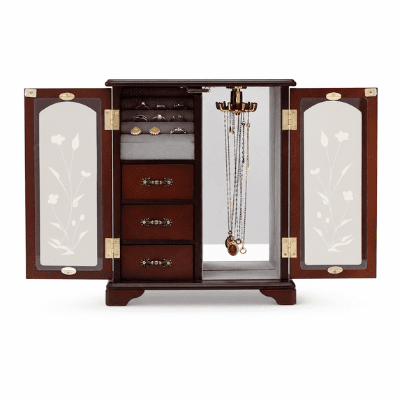 Dark Brown Wooden Jewelry Boxes, Handle Carving Craft Large Jewelry Box with Swivel Hook and Velvet Lining Jewelry Boxes for Women