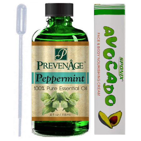 Aromatherapy Prevenage Peppermint Essential Oil (4 fl oz - 118 ml) - High Quality Therapeutic Grade Oil - Includes FREE Pipette and Avocado Cream - 100% Pure and Natural