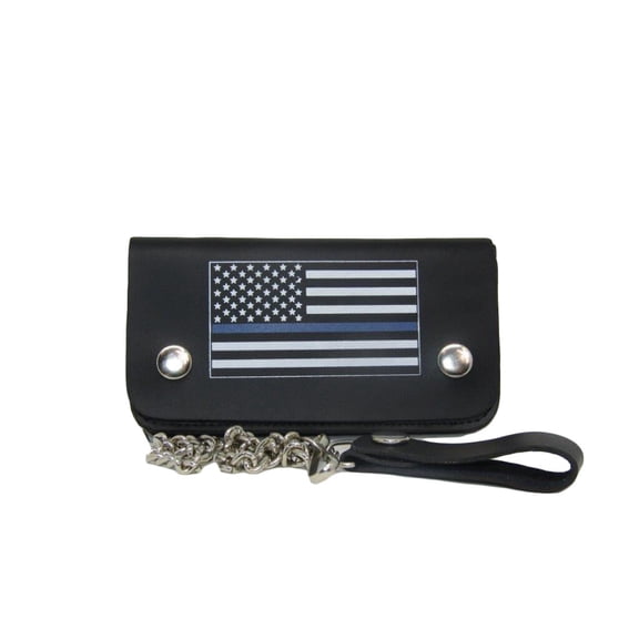 USA American Police Thin Blue Line Flag Black Wallet With Chain (6 inch) Women's