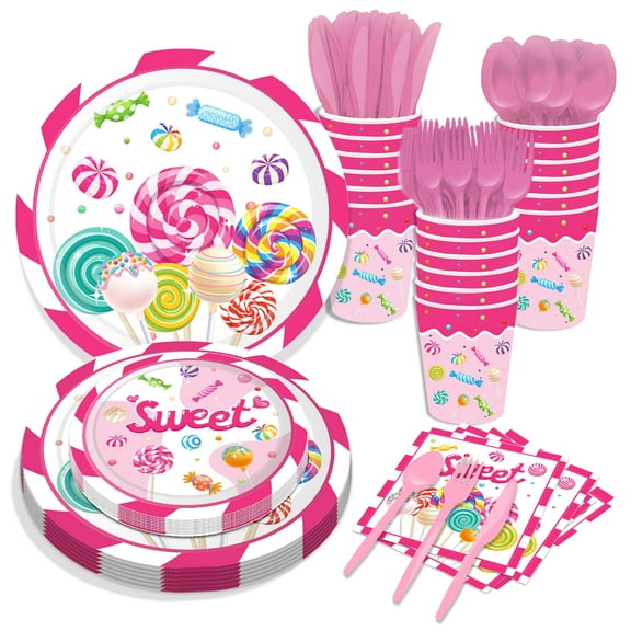 CC HOME Lollipop Party Supplies Pack Candyland Party Decorations Sweet Candy Party Pack- Serves 16 - Includes Lollipop Candy Party Plates Cups Napkins