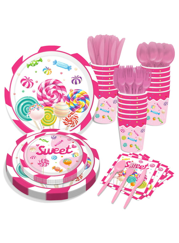 CC HOME Lollipop Party Supplies Pack Candyland Party Decorations Sweet Candy Party Pack- Serves 16 - Includes Lollipop Candy Party Plates Cups Napkins