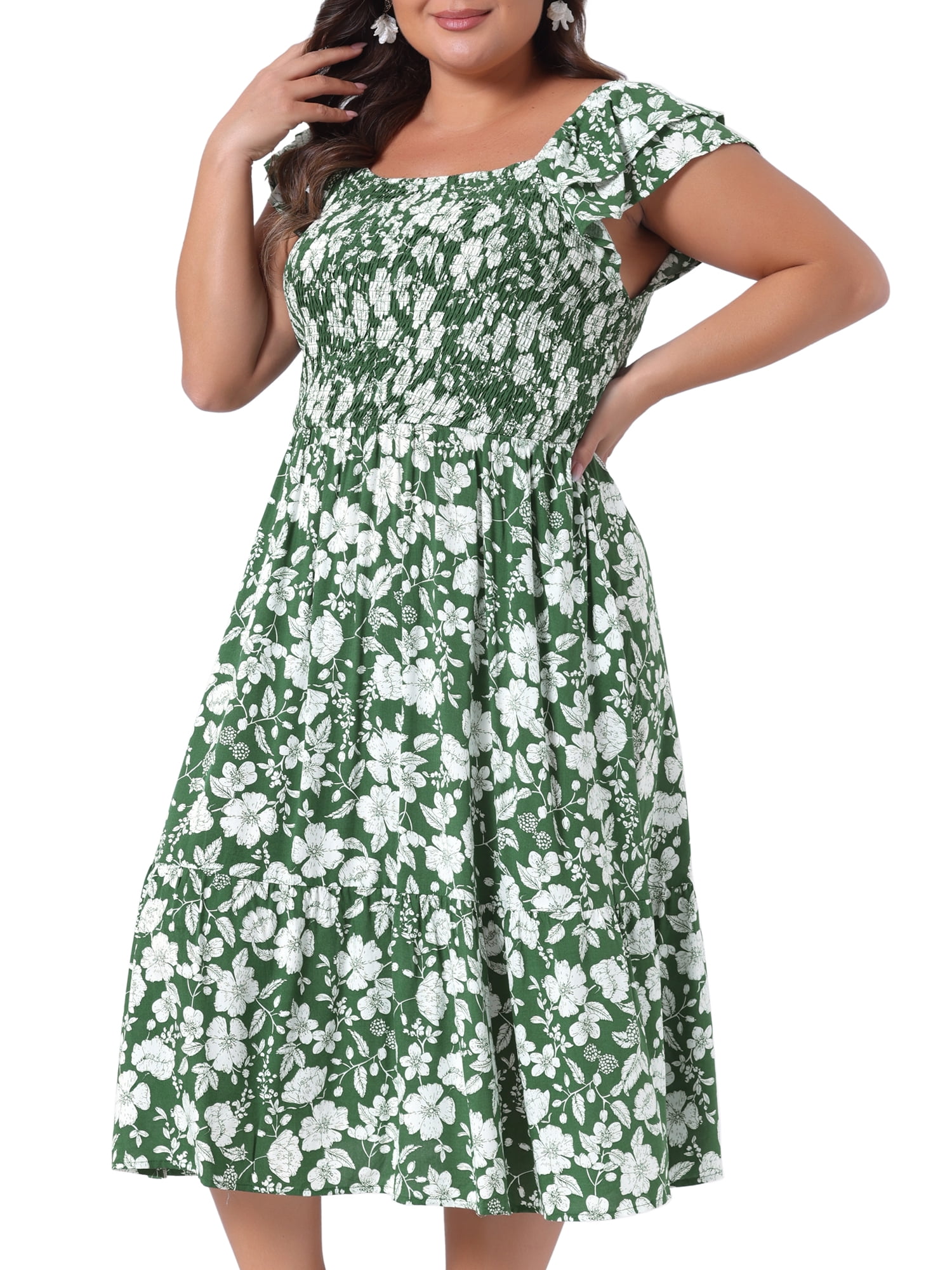 DARING DIVA Plus Size Square Neck and Flutter Sleeves Dress 4X Green