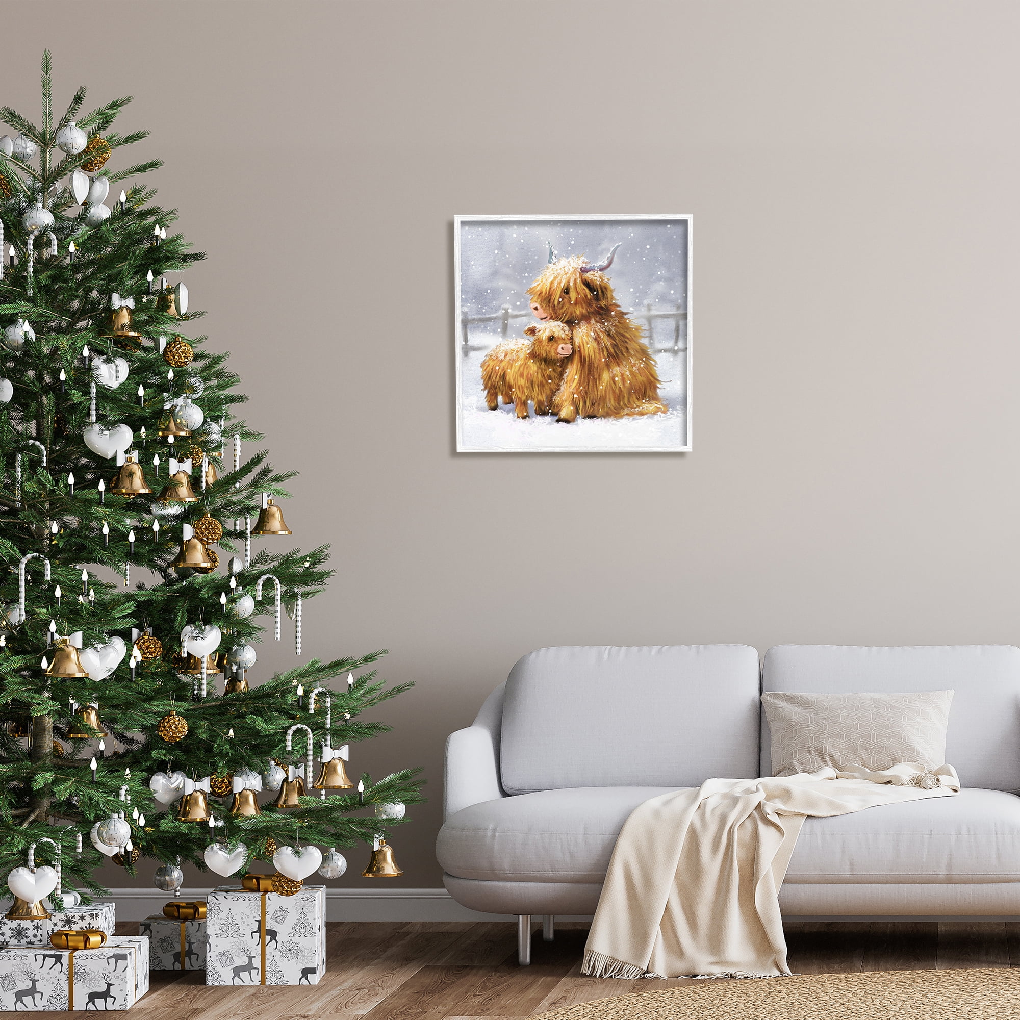 Stupell Industries Cattle Calf Snowy Farm Landscape Holiday Painting White Framed Art Print Wall Art