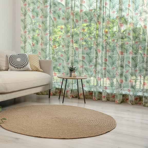 Leaf Tulle Curtains with Rod Pocket, Hawaiian Aloha Nature Pattern with Rainforest Elements Palm Branches Hibiscus, Sheer Drape for Wedding Party 2 Panels, 7 Sizes, Peach Salmon Green, by Ambesonne