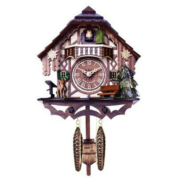 River City Clocks musical cuckoo clock cottage with deer, water pump, and tree, 10-inch tall