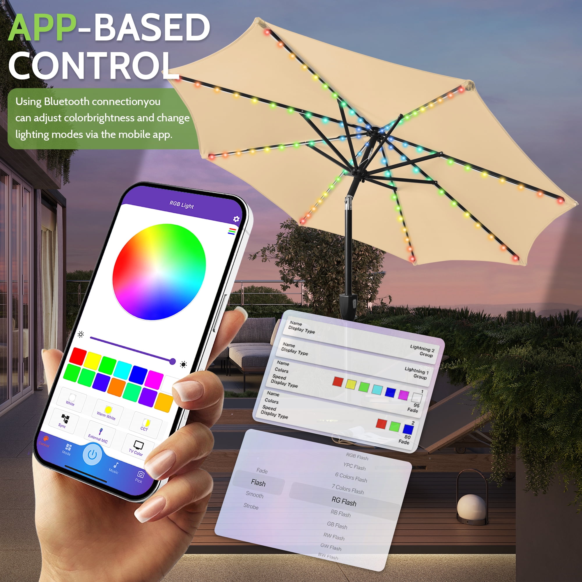 Scafild | 7.5ft Outdoor Patio Umbrella with Solar Lights, Outdoor Market Umbrella with Colorful LED Lights and Tilt and Crank - Beige