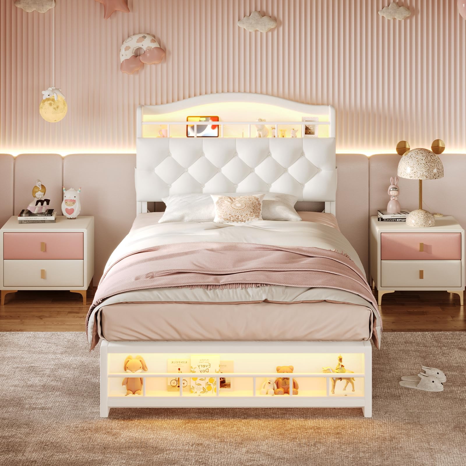 Afuhokles Twin Size Bed with LED Lights and Charging Station, Upholstered Bed Frame with Hidden Storage Headborad, Sturdy Platform Bed, Beige