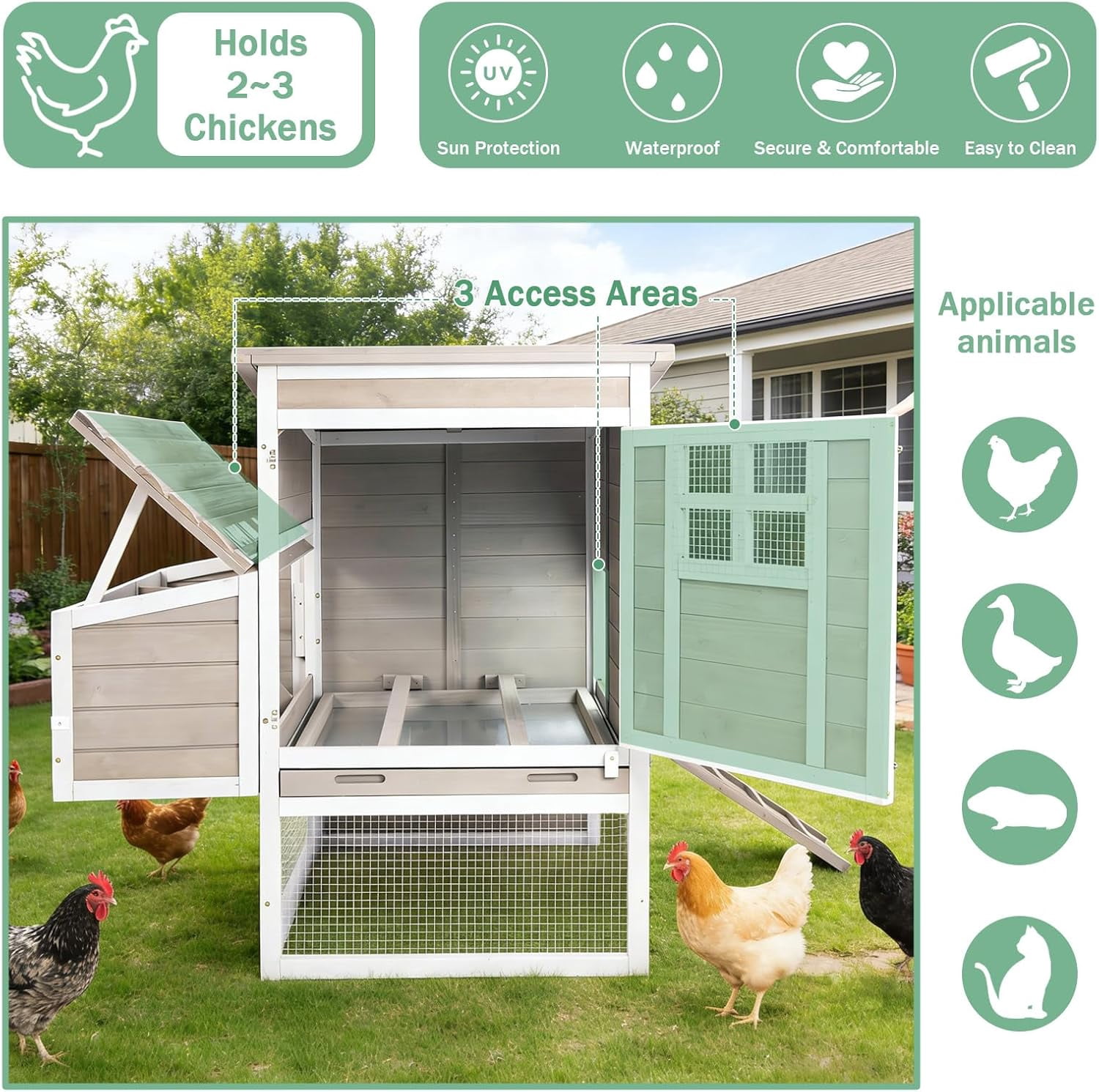 PETSCOSSET Wooden Chicken Coop, Elevated Hen House with 3-Compartment Nesting Box