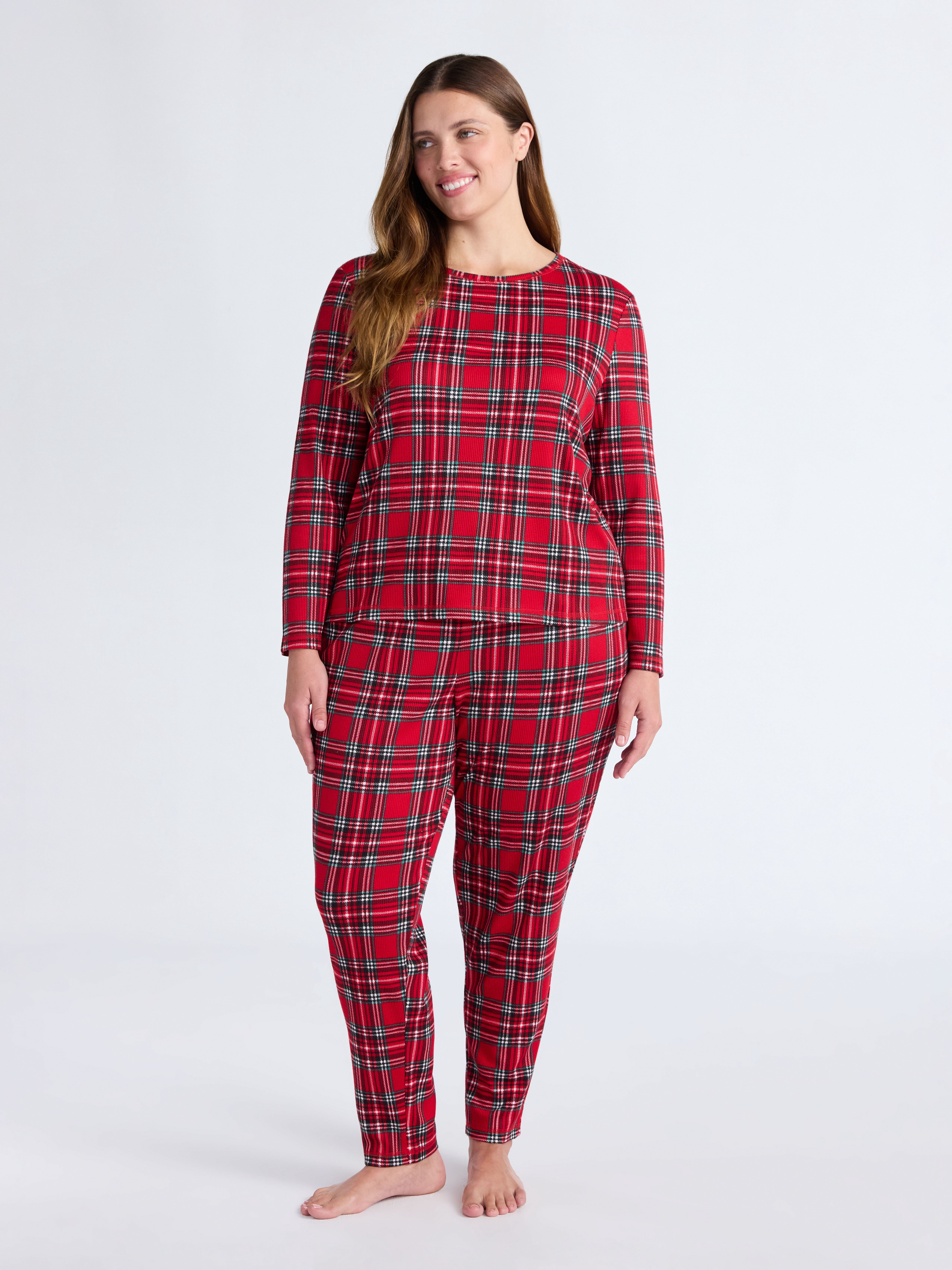 Joyspun Women's Waffle Knit Long Sleeve Top and Joggers Pajama Set, 2-Piece, Sizes S-3X
