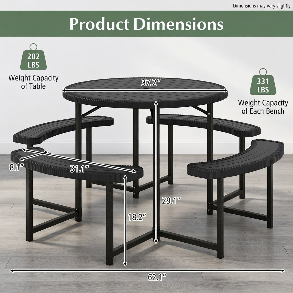 Hommoo Round Outdoor Picnic Table Set with 4 Benches & Umbrella Hole, Heavy-Duty Metal Frame, Weatherproof HDPE Top, Black