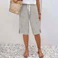thumbnail image 4 of UVEASISHA Striped Linen Pants for Women Summer 2025 Drawstring Capri Pants Casual Beach Vacation Clothes with Pockets Khaki L, 4 of 8