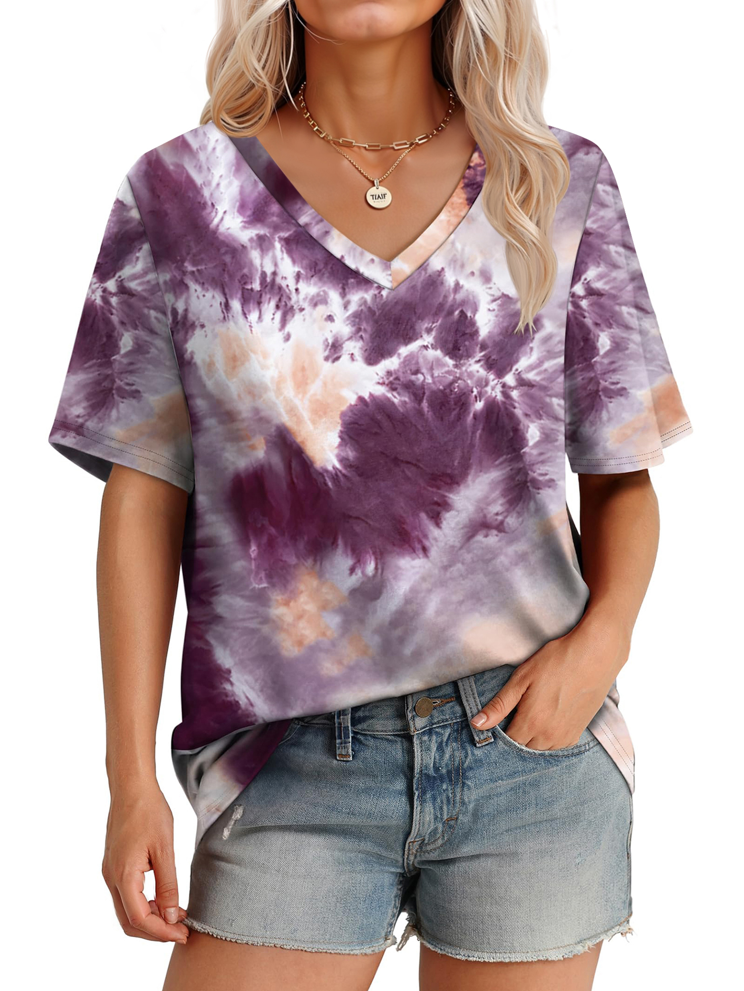 MOSHU Womens T-Shirts V Neck Short Sleeve Loose Tees Tops Casual Tie Dye Shirts for Women