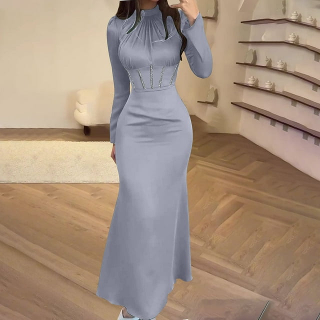 pstuiky Robes Grande Taille, Robe Longue Plissée à Manches Longues Slim Haute Couture pour Femmes, Robe de Soirée Élégante pour Femmes, Robes d'Invité de Mariage en Liquidation