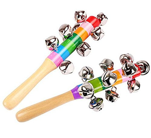 Colorful Wooden Rainbow Handle Jingle Bell Rattle Toys For Kids Baby Infant IQ 