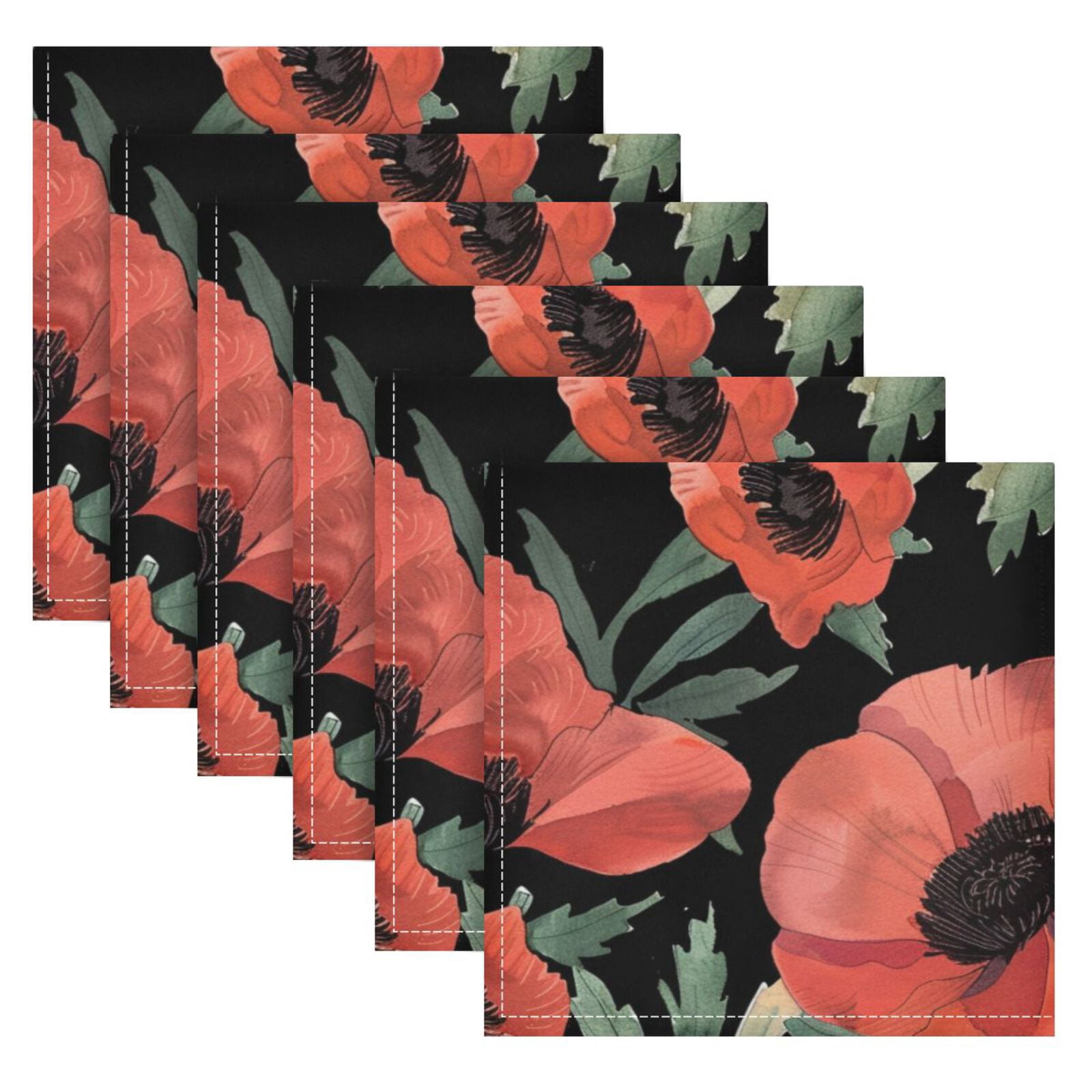 JSTEL Poppy Flowers Cloth Napkins Set of 6, 20x20 Inch Washable and Reusable Napkin for Decoupage Dinner Party Everyday Use