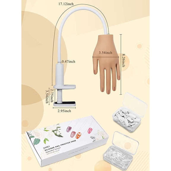 Silicone Acrylic Nail Practice Hand - Upgrade Nail Tips Never Fall Off, Flexible Mannequin Hand with 200PCS Nail Tips
