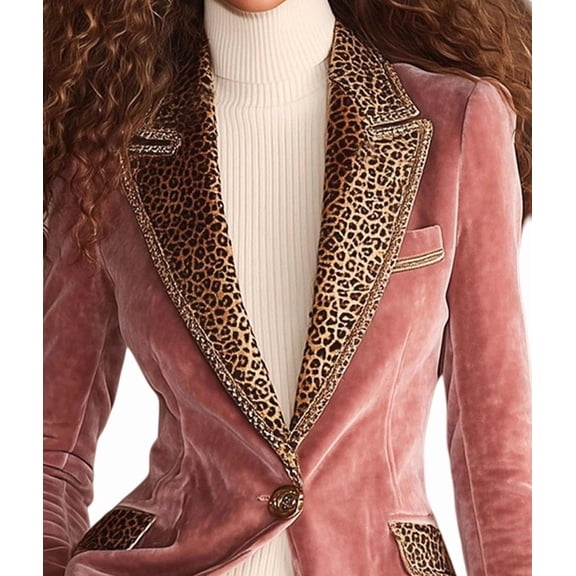 Women'S Long Sleeve Lapel V Neck Button Leopard Printed Velvet Coats Blazer Jackets Pink S