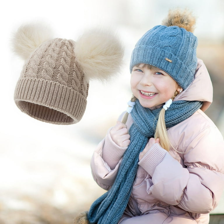 Kids Winter Hat Toddler Knitted Pom Beanie Hat Cotton Lined Cap Baby Girls  Boys Hat Bomber Hats Beige