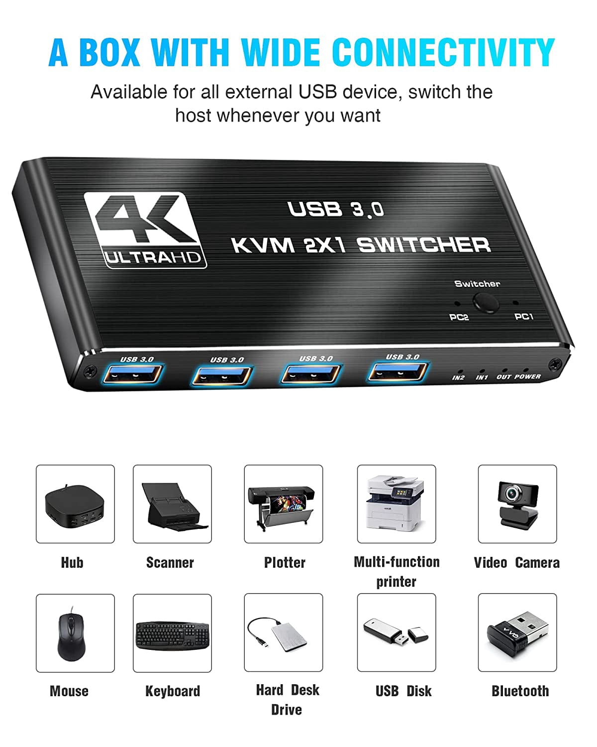 AUBEAMTO USB KVM Switch USB 3.0 Switcher HDMI-compatible KVM Switch 2 In 1 Out 4K for 2 PC Sharing Keyboard and Mouse EDID / HDCP Printer