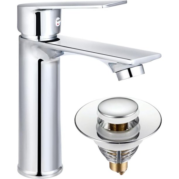 Bathroom Faucet Single Lever Sink Mixer Tap with Drain Chrome Sink Faucet Hot and Cold Adjustable Bathroom Faucet (Without Faucet Hoses)