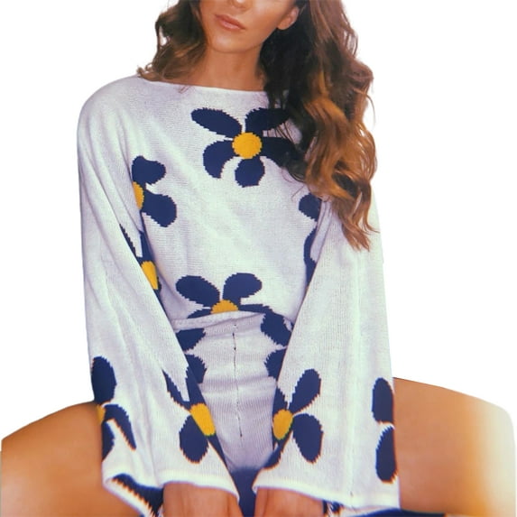 Seyurigaoka Women 2Pcs Fall Outfits Off Shoulder Floral Knit Tops + Zip Shorts