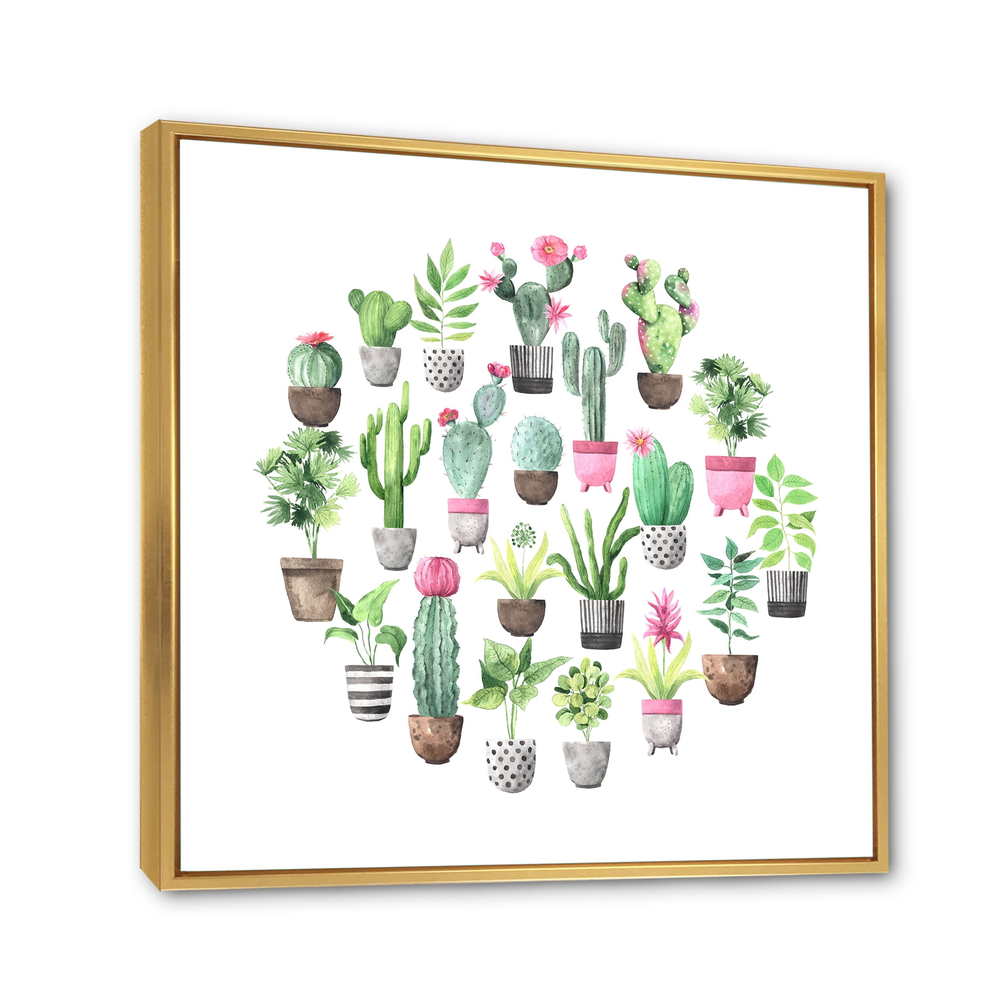 Designart 'Cactus In Ceramic Pots In Gentle Tones II' Traditional Framed Canvas Wall Art Print