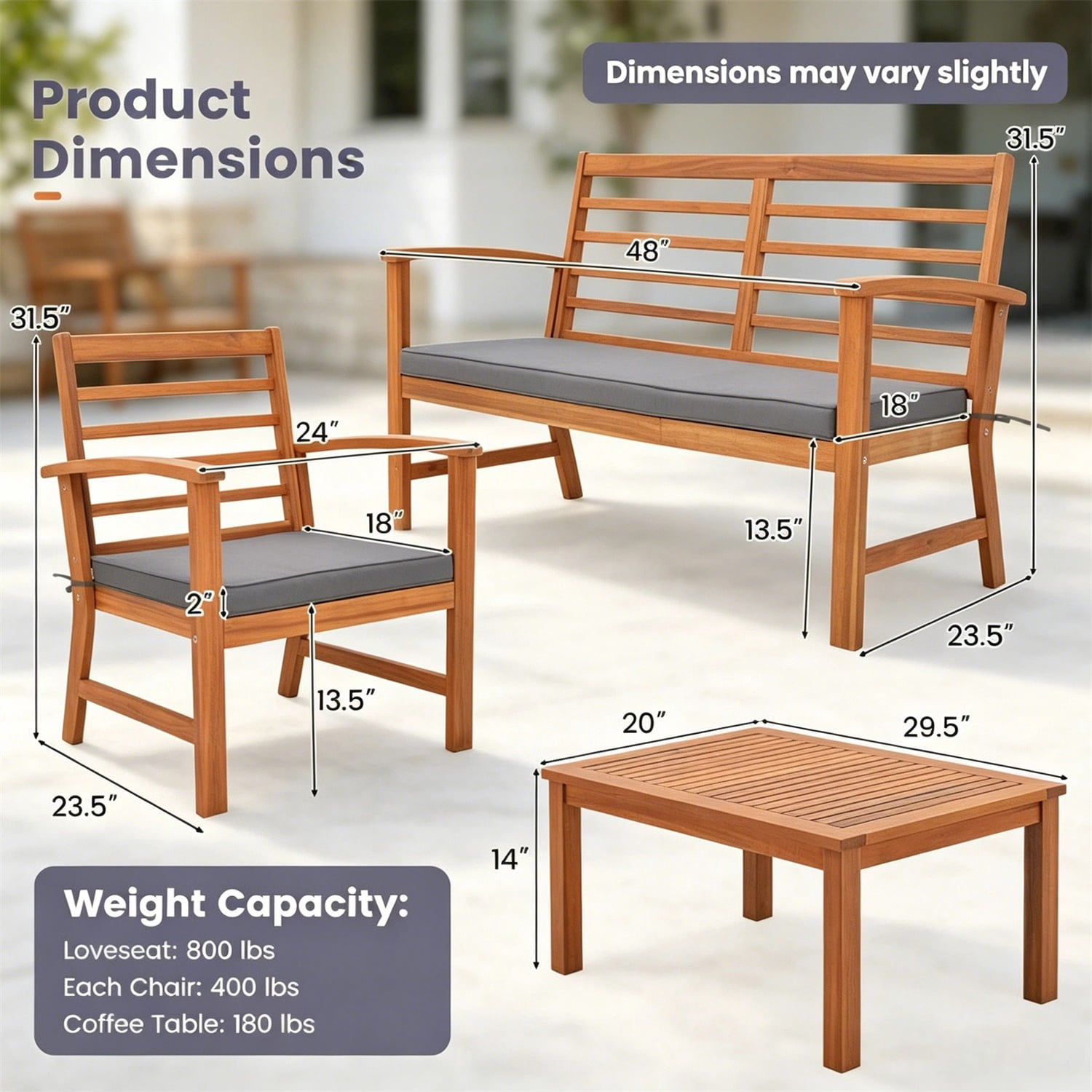 Hommoo 4-Piece Outdoor Patio Furniture Set, Acacia Wood Loveseat, 2 Chairs & Coffee Table with Cushions, Weather-Resistant Backyard Seating, Navy