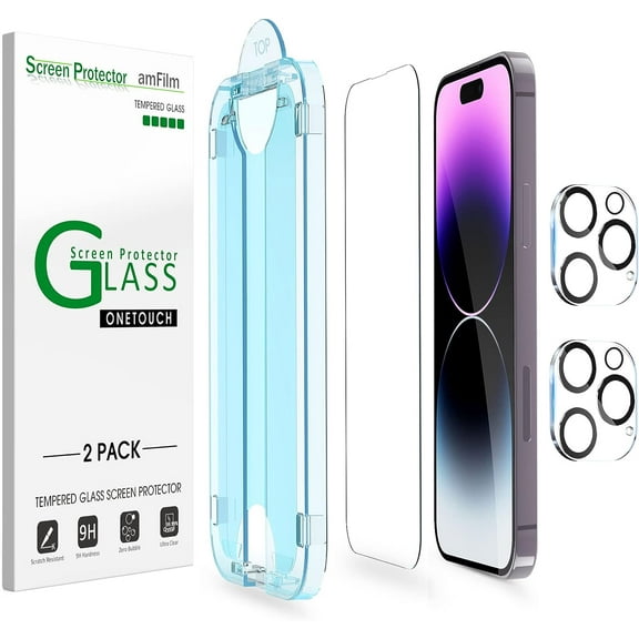 (2 2 pack) amFilm iPhone 14 Pro OneTouch Tempered Glass Screen & Lens Protector