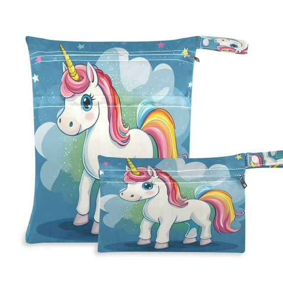 2 PCS Wet Dry Bags for Baby Cloth Diapers Reusable Waterproof Wet Bags for Stroller, Travel & Gym Rainbow Unicorn