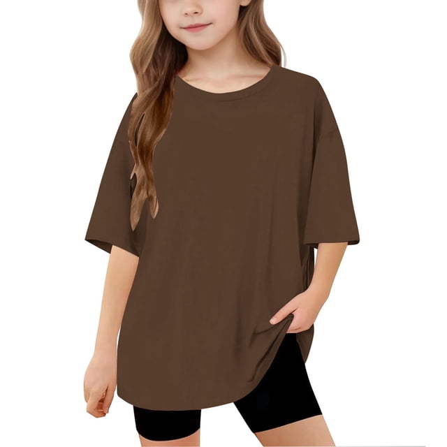 Lmnyox Kids T Shirts Oversized Short Sleeve Basic Tee Solid Color Loose Crew Neck Summer Shirts Tops 5-15 Years