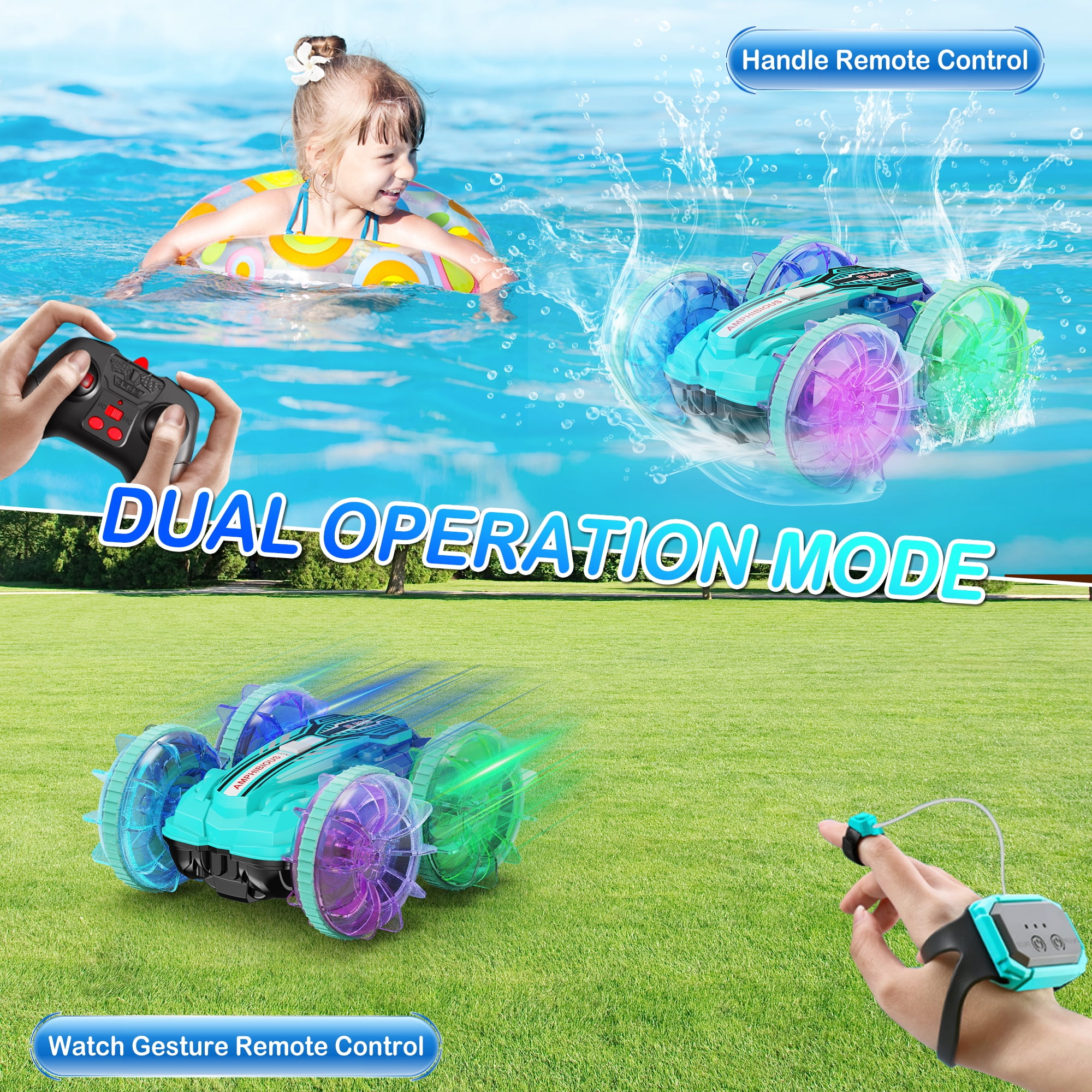 UUGEE Remote Control Cars, RC Car Toys for Kids 8+ Years Old Boys Girls Gifts, 4WD Gesture 360° Rotating Drift Amphibious RC Stunt Cars Boat with LED Lights - Blue