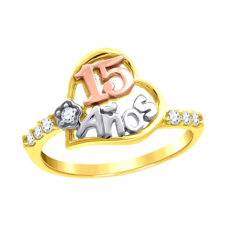 14k 14kt Tri-Color Gold Womens Cubic Zirconia 15 Anos Heart Ring