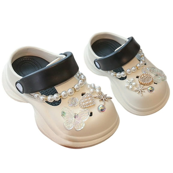 WEIGFI Toddler Baby Girls Sandals Soft Sole Pearl Butterfly Summer Comfort Casual Closed Toe Clogs Lightweight Breathable Adjustable Strap Adorable Beach Shoes,Black,4-5 Years
